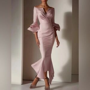 Fehaute Ruffled Bell Sleeves Off Shoulder Mermaid Dress Pink Sz6